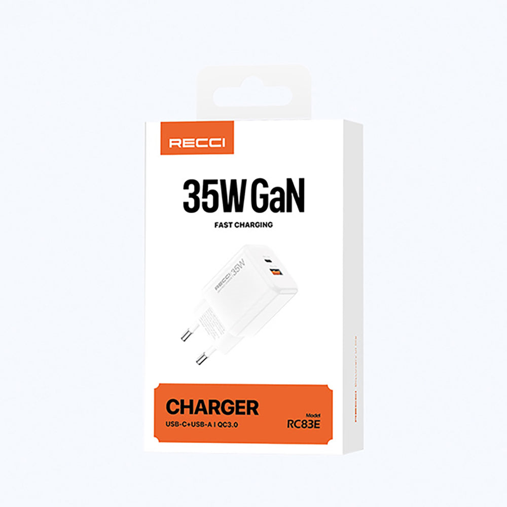 Recci RC83E Type-C PD & USB-A GaN Teknolojili QC3.0 Hızlı Şarj Başlığı 35W Recci RC83E Type-C PD & USB-A GaN Teknolojili QC3.0 Hızlı Şarj Başlığı 35W